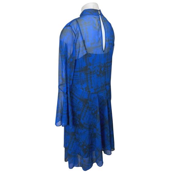 Topshop Blue Checkered Floral Fluted Seamed Asymmetric High Neck Midi Dress 14 - Picture 2 of 5